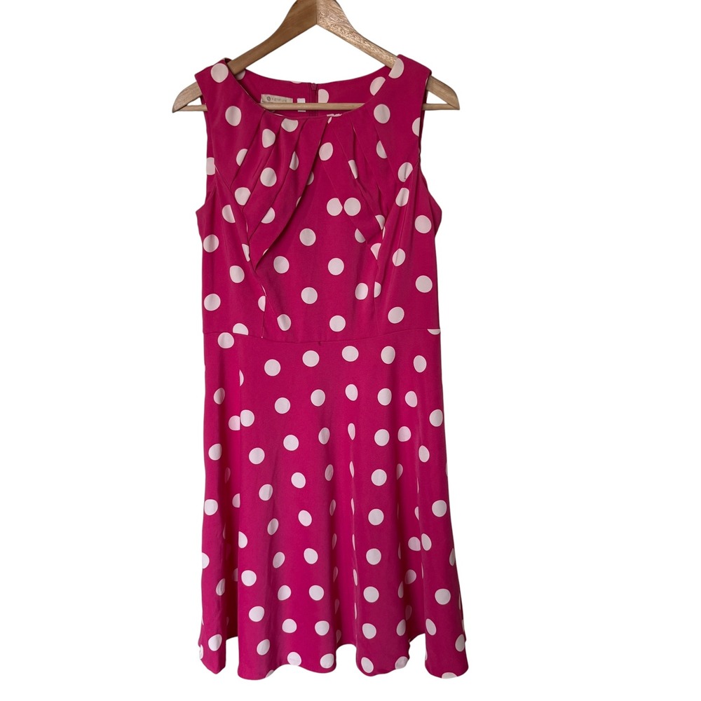 Signature Darby Polka Dot Dress Women 12‎ Pink Excellent Fit Flare Pleated Retro